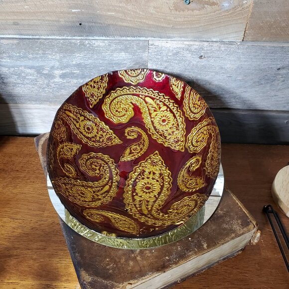 Large Red Pomegranate Paisley Oval Bowl Red Guilded Gold - 12 x 9" - Picture 5 of 7